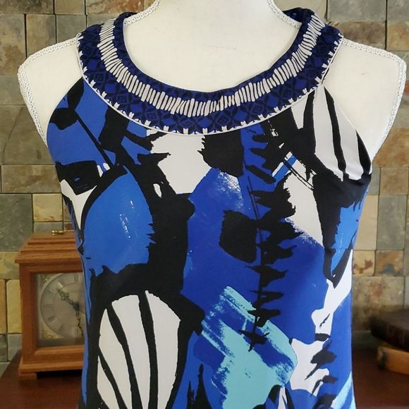 INC Blue Black Retro 90s Abstract Print Sleeveless Stretchy Mini Dress - Picture 2 of 9